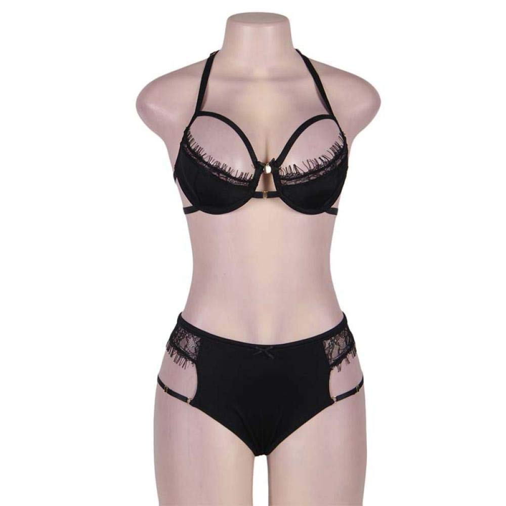 Disfraces de Mujer Conjunto de lencería Sexy Europea y Americana Cuello Colgante de Tres Puntos Sujetador de Media Copa Bragas Sexy (Negro XL)