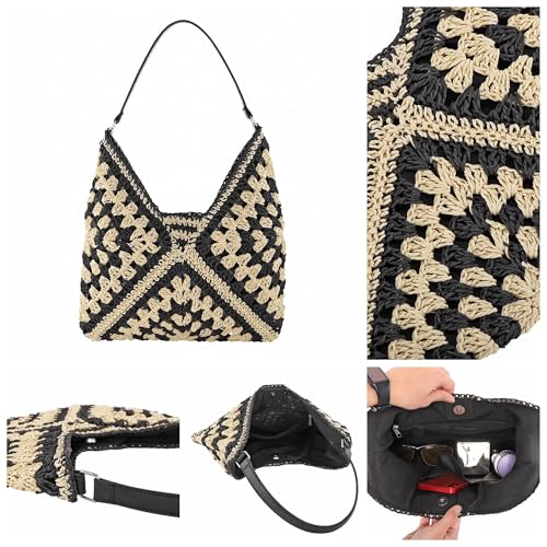 Image of Ayliss Straw Beach Bag Bucket Tote Handbag Women Shoulder Bag Hand Woven Summer Beach Purse Weaving Beach Bucket Bag