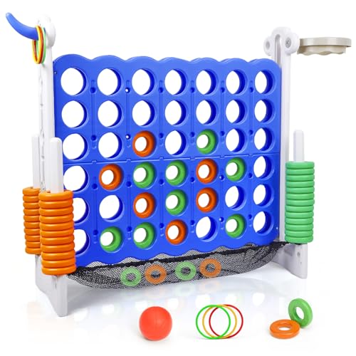 Giant Connect 4 Game, 3 Adjustable Heights (90cm-125cm), Indoor and Outdoor Connect Four Family Game with Basketball Hoop, 42 Giant Rings and 4-in-1 Set for Kids, Family Fun
