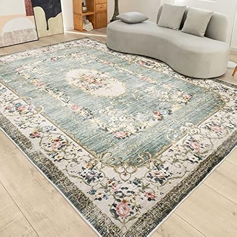 TALETA Greenish Alfombra lavable para salón, vintage de flores de pelo corto, plegable, oriental para comedor, dormitorio, verde, 240 x 340 cm Cover