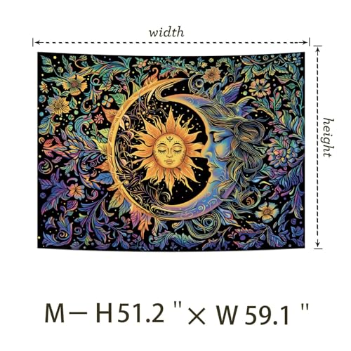 Image of MAKABEE Tarot Style Sun and Moon Tapestry Psychedelic Mystic Floral Tapestry Hippie Boho Flower Plants Wall Tapestry Vintage Aesthetic Tapestry Wall Hanging for Bedroom