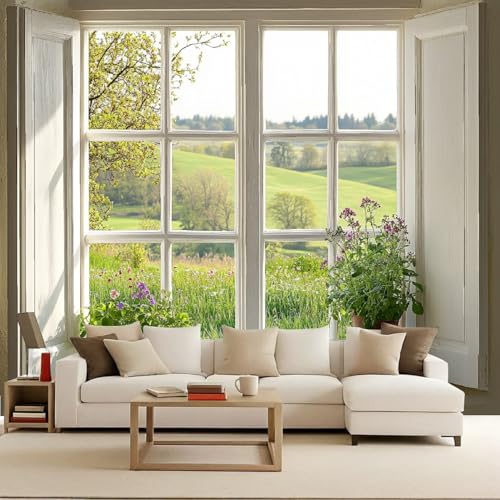 Papel Tapiz Fotográfico 300x210 cm Ventana Paisaje Flores Bosque Río 3D Murales Tejido No Tejido Mate‌ Póster Moderna Fotomurales Para Cuarto de Niño Salón Dormitorio Oficina Decoración de Pared