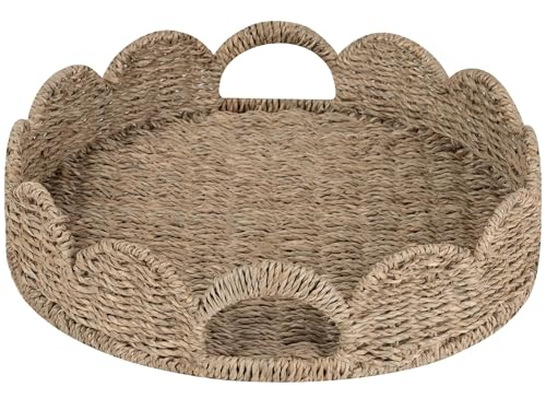 Image of StorageWorks Round Wicker Scalloped Tray, Rattan Serving Trays with Handles, Seagrass Basket for Decorative & Organizing, 13 inch L x 13 inch W x 2.75 inch H