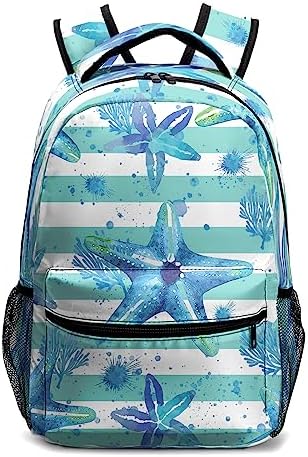Dacawin Kids School Backpack Blue Starfish Striped Bookbag Ocean Theme School Back Pack Lightweight Travel Backpacks for Students Teens Girls Boys