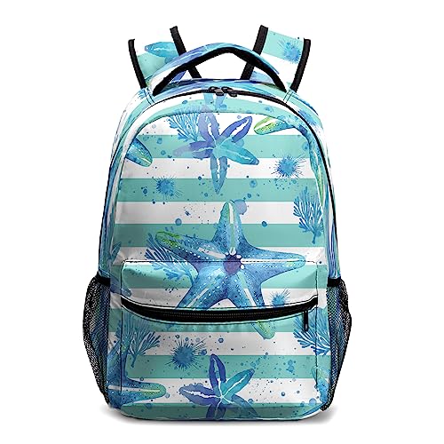 Dacawin Kids School Backpack Blue Starfish Striped Bookbag Ocean Theme School Back Pack Lightweight Travel Backpacks For Students Teens Girls Boys #TOP21