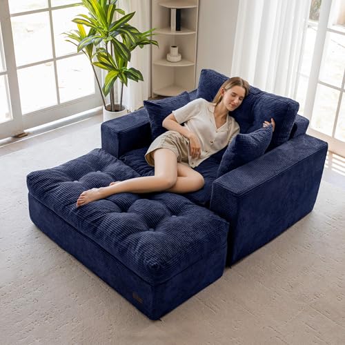 Image of MAXYOYO Modular Sectional Chaise Lounge Sofa, Upholstered Lounge Chair with Ottoman, Comfy Couch with Layered Cushion, Tufted Upholstered Sleeper Chair for Living Room, No Assembly, Navy