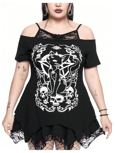 SOLY HUX Women's Plus Size Gothic Cold Shoulder Graphic Tee Shirts Short Sleeve Y2k Tops Festival Rave Outfits Streetwear3