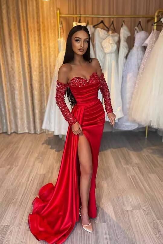 Off The Shoulder Sequin Long Sleeve Prom Dresses Long Satin Mermaid Evening Gown for Women Formal Dress with Slit4