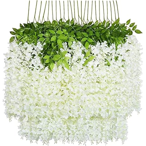 U'Artlines 24 Pack 3.6 Feet/Piece Artificial Fake Wisteria Vine Ratta Hanging Garland Silk Flowers Home Party Wedding Decor (24, White) Cover