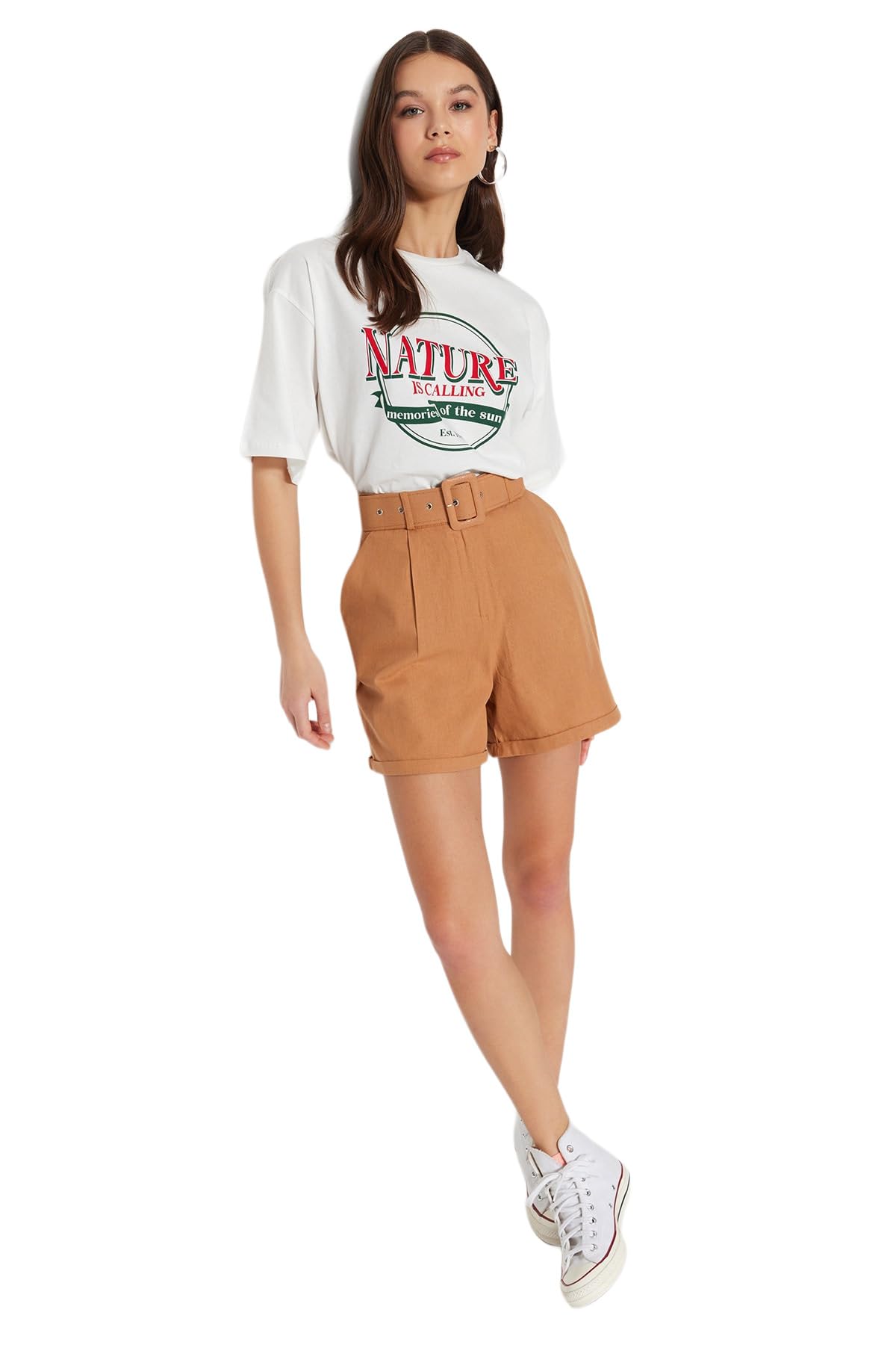 Trendyol Womens High Waist Wide Leg Regular Fit Shorts, Camel, 12 UK