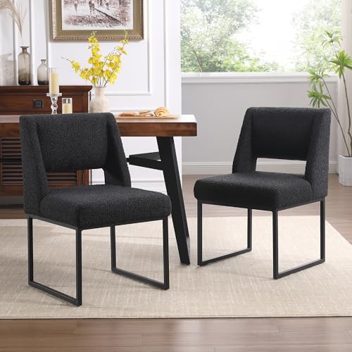 Image of Zesthouse Upholstered Dining Chairs Set of 2, Modern Dining Room Chairs with 4.1 inch Thickened Cushion & Metal Legs, Black Boucle Fabric Kitchen Chair with Padded High Back, Heavy Duty Kitchen Chair