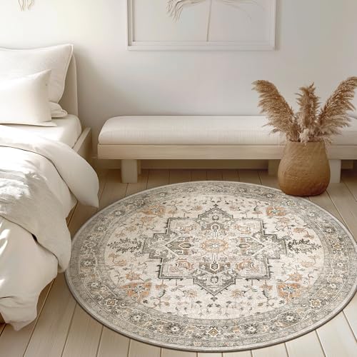 GENIMO 4FT Round Area Rugs for Living Room, Circle Rugs Machine Washable Low Pile, Chenille Non Slip Vintage Rug for Bedroom, Dining Room, Home Office, Light Taupe Brown