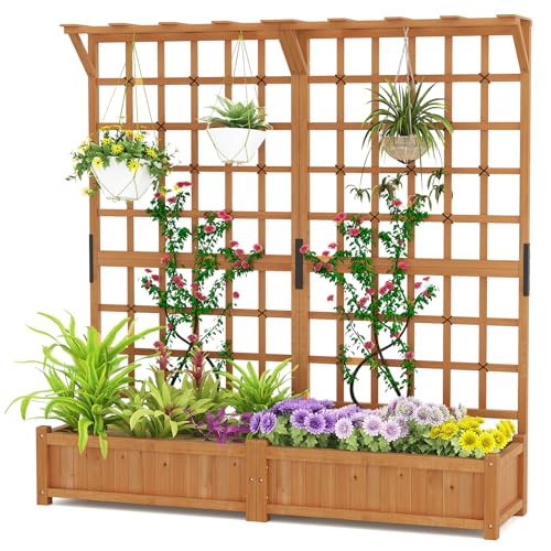 HOMASIS 2 Stück Blumenkasten mit Rankgitter & Dachregal, Pflanzkasten mit Spalier, 180 cm Pflanzkübel Hochbeet aus Holz, Rankhilfe für Kletterpflanz, Pflanzgefäß für Garten Balkon Terrasse (Orange)