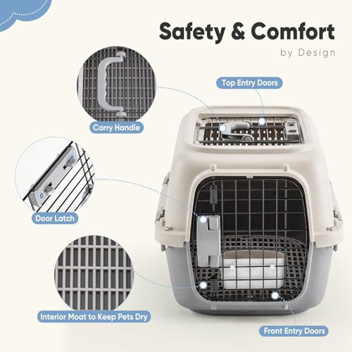 DUMOS 23" Hard-Sided Pet Carrier for Small Pets, 2 Door Cat Carrier, Beige | Airline Approved Dog Crate, Enhanced Security Latches, Front & Top Load Wire Door, Food Bowl for Traveling, Hiking, Camping - Image 4