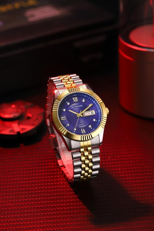 Image of Giordano Classic Analog Quartz Watch for Men with Textured Dial, Fluted Bezel, Day & Date Display & Two-Tone Stainless Steel Strap