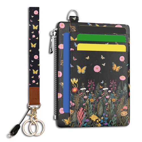 Image of Hancynir Florals Butterfly Slim Wallet Women Credit Card Holder, Flowers RFID Blocking Front Pocket Wallet Wristlet Keychain Lanyard, Small Cute Mini Thin Travel Zipper Coin PU Leather Card Case Gifts
