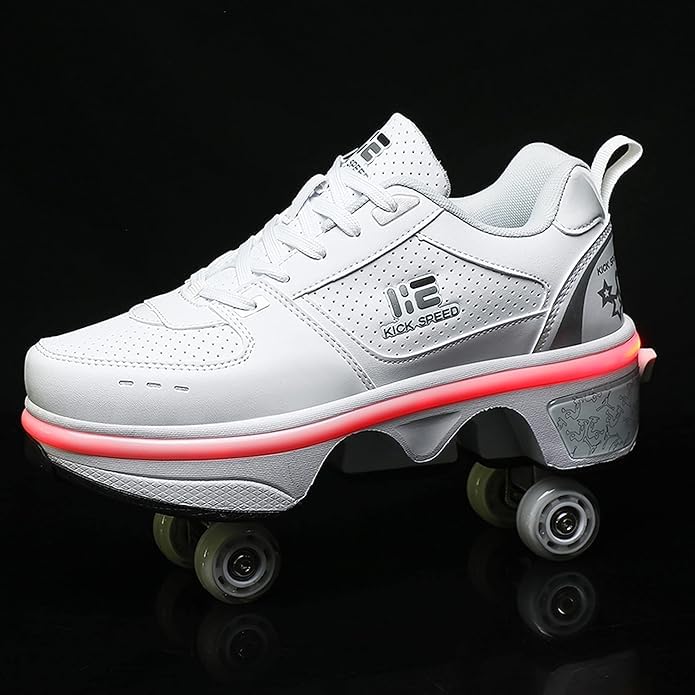 Image of Bequest Roller Skates for Women Outdoor,Shoes with Wheels for Girls /Boys,Kick Rollers Shoes Retractable Adults /Kids,Quad Roller Skates Men,Unisex Skating Shoes Recreation Sneakers, White (34 Euro)