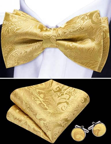 Image of YOHOWA Paisley Striped Men Bow Tie Pre-Tied Formal Adjustable Colorful Bowties Handkerchief Cufflinks Set Wedding Party