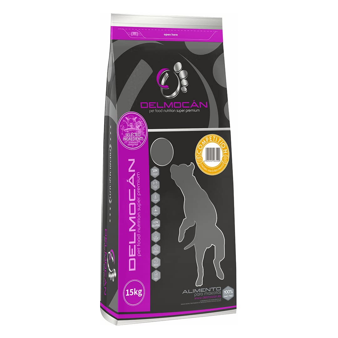 Alimento seco para Perros DELMOCAN Competition (Saco 15kg) - Pollo, Arroz y Pescado - Pienso Natural para Perros de élite y Alta energía - Sin Cereales modificados genéticamente (GMO Free)