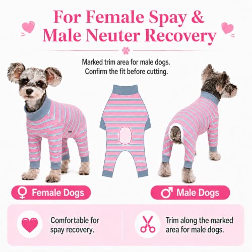 Image of Dog Striped Recovery Suit, Puppy After Surgery Onesie for Female Male Dogs, Dogs Cats Long Sleeve Pajamas Bodysuit, Surgery Abdominal Wound Bandages Clothes, Dog Pant for Shedding Skin Disease