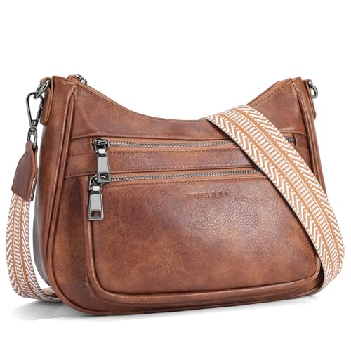 Image of KITEVIUN Crossbody Bags for Women Leather Purse Trendy Multi Pocket Shoulder Handbags with Adjustable Guitar Strap