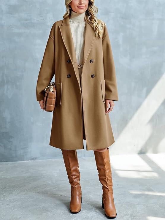 FSHAOES Womens Lapel Peacoat Winter Double-Breasted Outerwear Mid Long Jacket Casual Trench Coat - Image 2