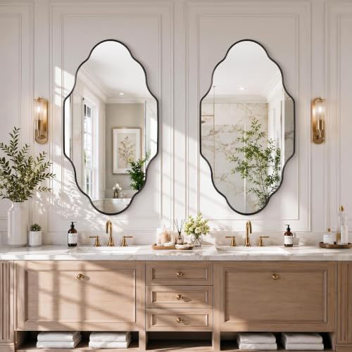 Image of Scalloped Black Bathroom Mirror, Irregular Wall Decorative Mirror | Brushed Metal Frame, HD Glass Decorative Mirror for Wall Decor, Vanity Mirror for Living Room Entryway (24 inch x 36 inch, 2 Pack)