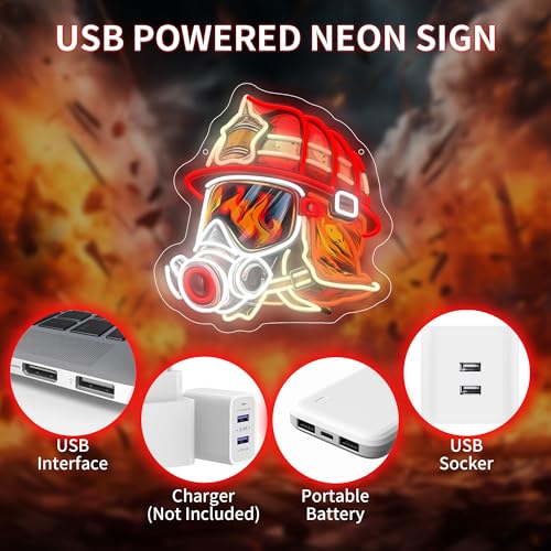 Image of Fire fighter Helmet LED Neon Sign USB Powered for Wall Decor,True Hero Firefighting Neon Night Light Sign Dimmable for Man Cave Room Party Decor, Firefighter Gifts for Men