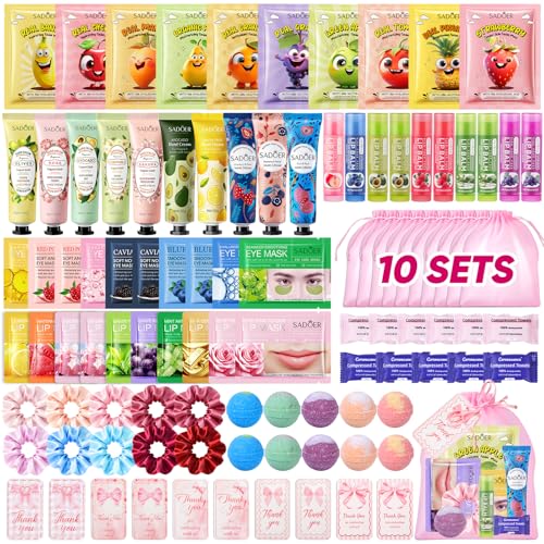 100 PCS Spa Party Supplies for Girls Spa Party Favors Include Face Masks Skincare Hand Cream Lip Balm Under Eye Patches Lip Mask and Foot Bath Bombs Spa Birthday Sleepover Party Supplies