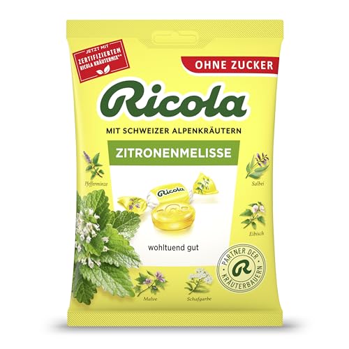 Ricola Zitronenmelisse 75g Beutel Original Schweizer Kräuter-Bonbons mit 13 Alpenkräutern & erfrischendem Zitronen-Geschmack zuckerfrei 1 x 75g vegan