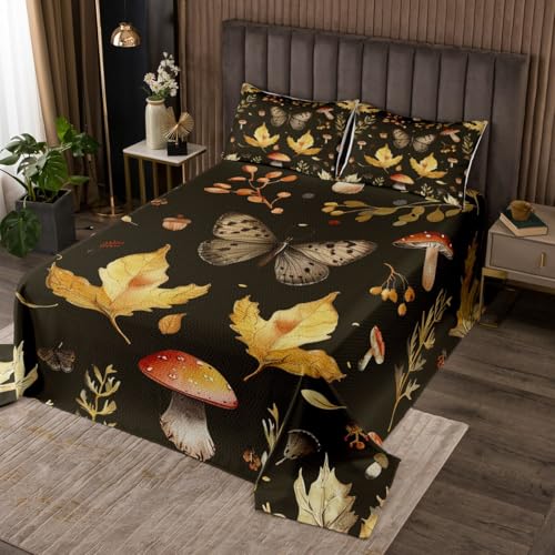 Botanical Garden Plants Bedspread King,Mushroom Butterfly Maple Leaves Quilted Coverlet 3pcs for Adults Teens Room Decor,Fall Theme Soft Breathable Bedding Quilt