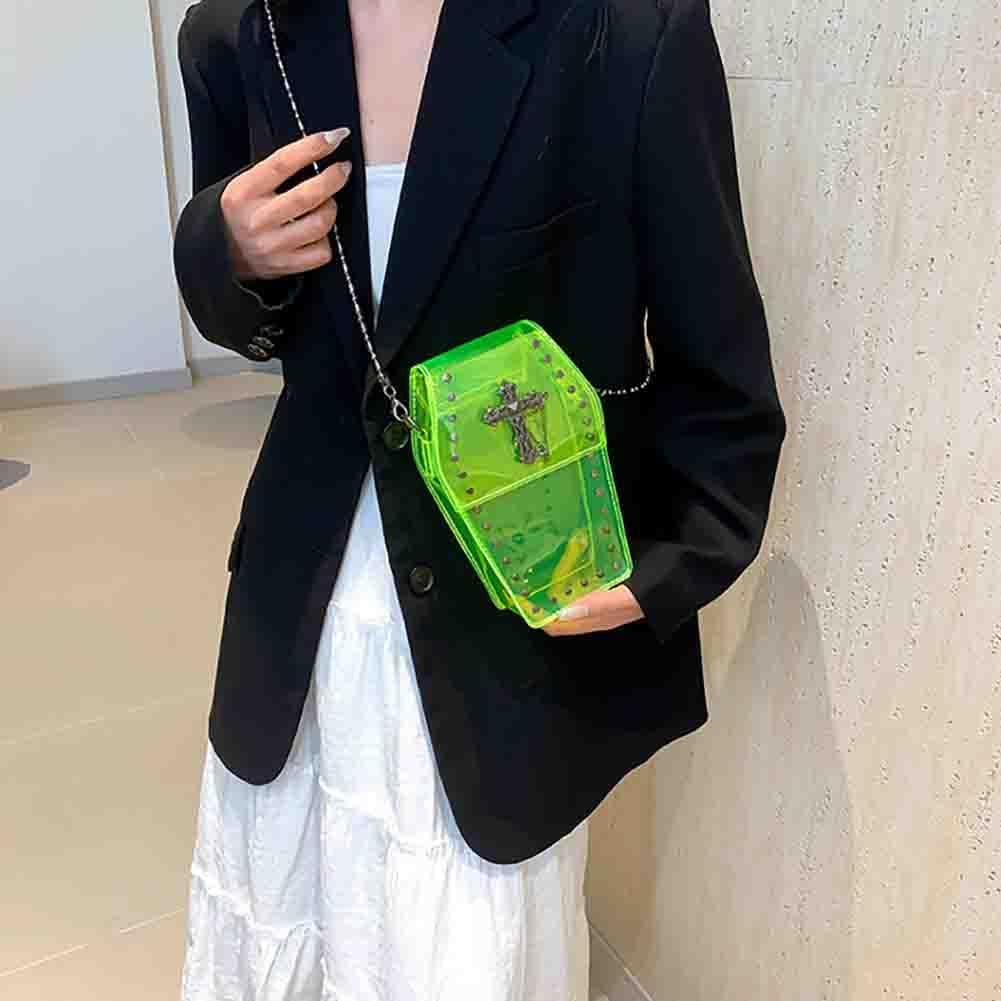 Gothic Rivet Coffin Shape Crossbody Bag, Women’s Studded Cross Transparent Shoulder Bag, Novelty Vintage Punk Phone Purse