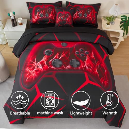 Image of ZRNBAST Queen Comforter Set, 6 Pieces Red Gaming Bedding Sets for Boys