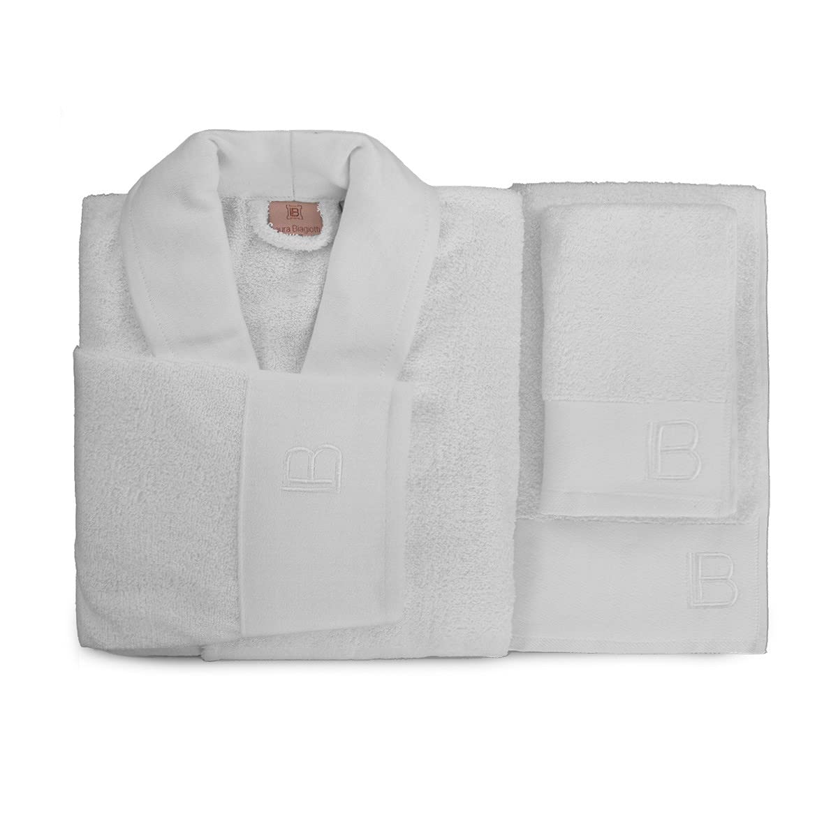 Laura Biagiotti Set 3 pezzi Completo Bagno accappatoio DONNA UOMO + spugne 100% spugna puro cotone SCATOLA REGALO