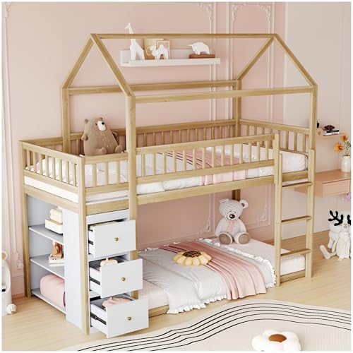 Lubvtti Litera para niños con 3 cajones y estantes, cama para niños de 90 x 200 cm, forma de casita, cama alta baja con escalera, con barandilla y base de láminas, sin colchón, naturaleza