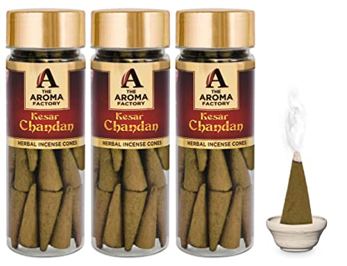 Image of The Aroma Factory Incense Dhoop Cone Kesar Chandan Sandalwood (100% Herbal & 0% Charcoal) 3 Bottles x 30 Cones