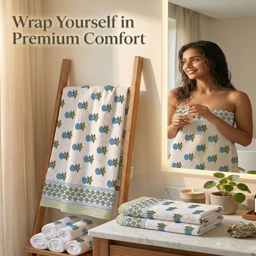 Image of Mafatlal Madhuban Hand Printed Cotton Set (1 Bath 147x76 cm + 2 Hand 76x38 cm) | 250 GSM | Quick Dry & Soft | Feather White Color