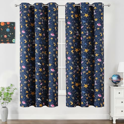 Image of Navy Blue Star Moon Theme Blackout Curtains 72 Inches Long for Boys Bedroom