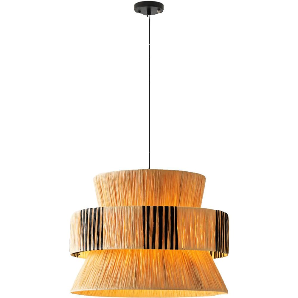 YNAHZAOK Farmhouse Chandelier with Adjustable Suspension Line Raffia Woven Dining Room Kitchen Pendant Light Fixture Natural Materials Bamboo Rattan Lampshade Hanging Lamp for Kitchen Island Entryway