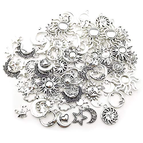 100G(80Pcs) Craft Supplies Mixed Antique Silver Sun Moon Stars Charms Pendants For Crafting, Jewelry Findings Making Accessory For Diy Necklace Bracelet (M250) #TOP3