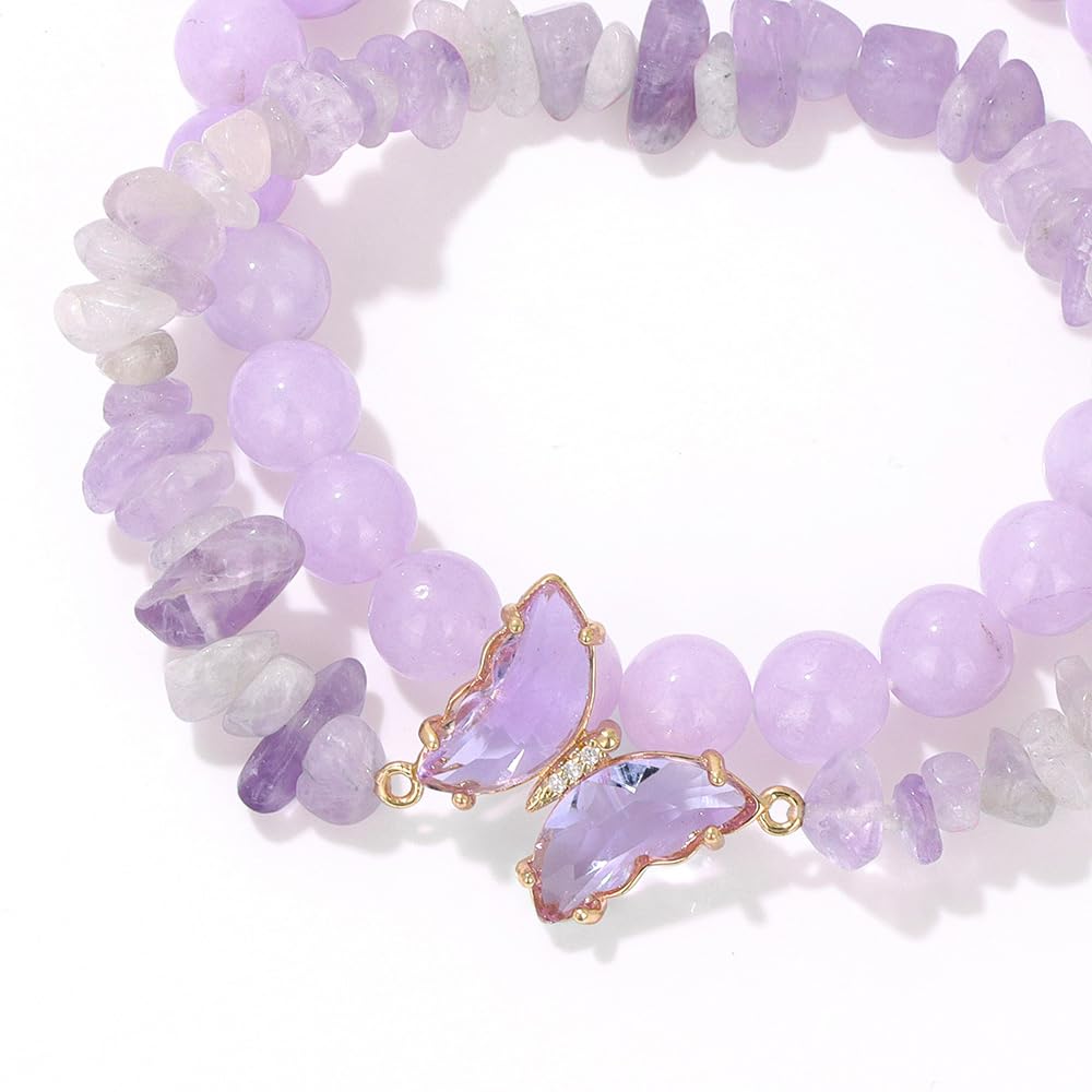 Braccialetto di Ametista per Donna, Braccialetti Anti-ansia con Perline di Ametista, ciondoli a Farfalla, Braccialetti a Strati di Pietre per Donna