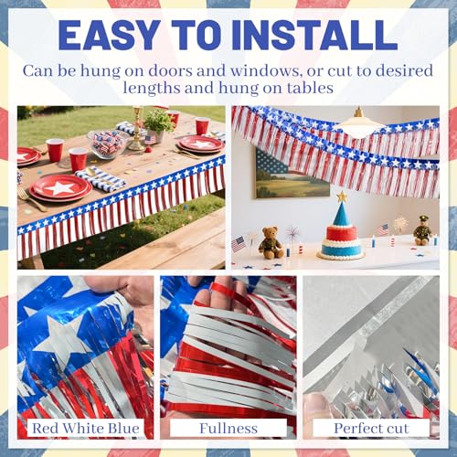 Image of 4 Packs 4th of July 250 Anniversary USA Decor, Red White and Blue Fringe Curtain Tinsel Streamers, Star Flag Hanging Backdrop Banner Table Skirts for Patriotic Party Independence Day
