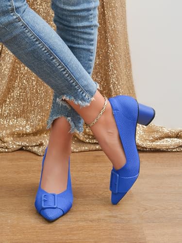 Pointed Toe Chunky Heels for Women Closed Toe Block Heel Pumps Buckle Strap Stretchy Knit Heeled Pump Dress Shoes Comfortable Slip On for Work Wedding Daily Wear4