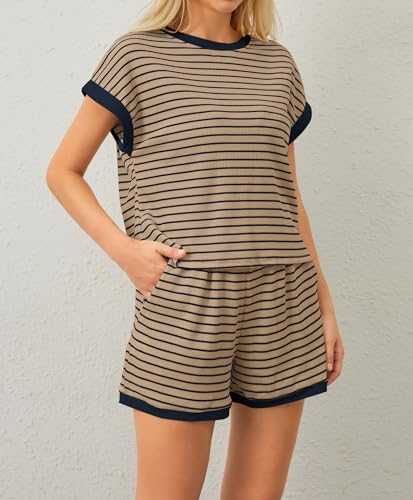 Image of MISSACTIVER 2 Piece Lounge Set Women Stripe Knit Short Sleeve Tee Shirts Shorts Casual Summer Loungewear Shorts Sets