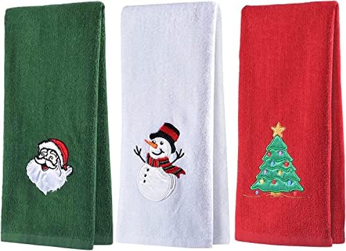 Holiwoer Christmas Hand Towels Set 25x16 inch, 100% Cotton Christmas Bath Towels for Bathroom, Super Soft and High Absorbent Tea Towel Christmas Decorations(Blue, White, Red)