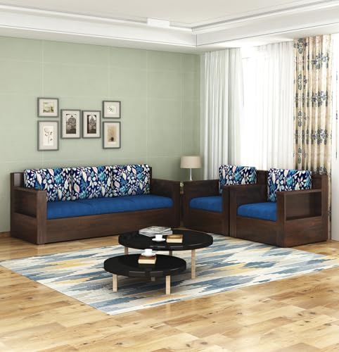 Image of Sheesham Wood 5 Seater Sofa Set with Cushion for Living Room Home Hall Wooden 3+1+1 Sofa for Hotel Office (Walnut Finish)