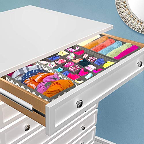 Image of Set of 4 Fabric Foldable Closet Drawer Dividers Wardrobe Under Bed Organizer for Clothes, Shoes, Undergarments, Bra, Socks Bra Tie Scarfs (Grey Wave)