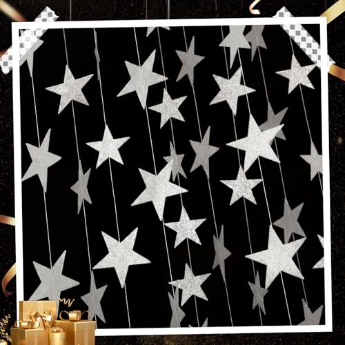 Image of Spakon 65 Feet Glitter Star Paper Garland Banner Hanging Decoration Star Streamers Double Side 2026 Graduation Decorations for Wedding Birthday Festival New Year Party Decoration (Glitter Silver)