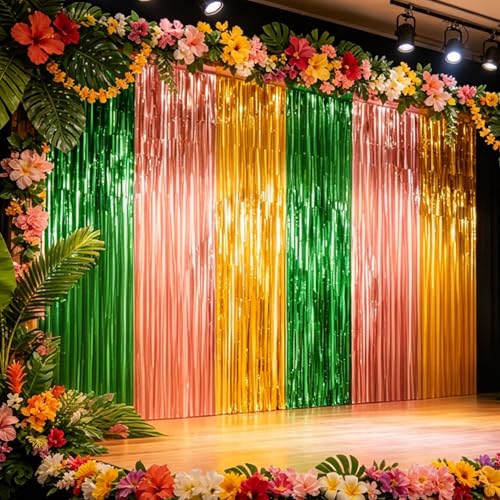 Luau Party Decorations- 2 Pack Luau Backdrop Green Gold Brown Foil Curtains - image 1