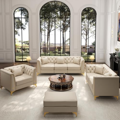 Image of KEIKI 3-Piece Chesterfield Sofa Set with Handmade Button Tufted, Beige
